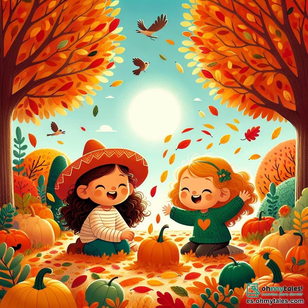 Ilustración que representa un jardín de otoño vibrante de colores. Los árboles están adornados con hojas en tonos dorados, naranjas y rojos, mientras que el suelo está cubierto de una alfombra de hojas crujientes. En el centro, dos niñas, una de unos 7 años con cabello castaño y rizado, que lleva un bonito sombrero rojo, y la otra de unos 8 años con cabello rubio y liso, vestida con un suéter verde, se divierten saltando en las hojas. Ríen alegremente, rodeadas de calabazas naranjas y pequeñas calabazas. El cielo es de un azul claro, y el sol brilla suavemente, creando una atmósfera cálida y alegre. Los pájaros vuelan arriba, añadiendo un toque de vida a esta mágica escena otoñal.