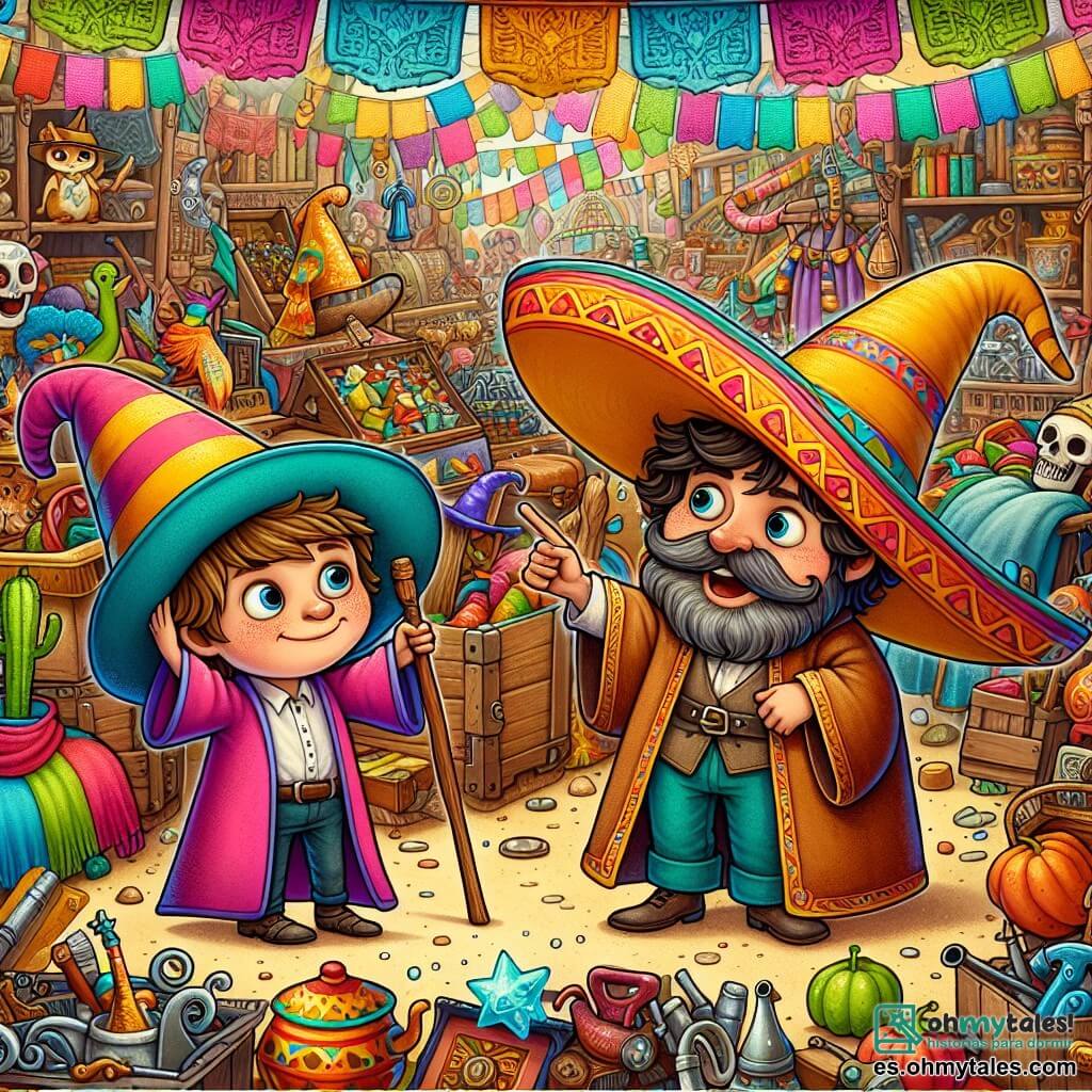 Une illustration destinée aux enfants représentant un jeune sorcier maladroit et attachant, accompagné d'un sombrero magique parlant, dans un marché coloré et animé de magie et d'antiquités.