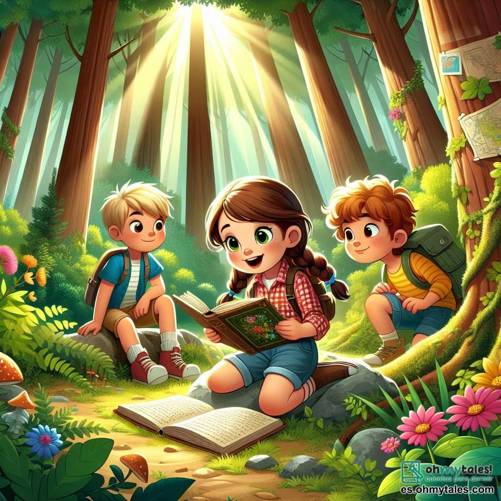 Ilustración que representa un claro soleado en el bosque, rodeado de grandes árboles con troncos robustos y hojas de un verde brillante. En el centro, una niña de 9 años, con largos cabellos castaños atados en dos trenzas, lleva una camisa de cuadros rojos y un short de mezclilla. Está agachada, examinando atentamente un viejo libro abierto sobre una piedra, su rostro iluminado por la curiosidad. A su lado, dos amigos: un niño de 10 años, con cabello rubio despeinado, vestido con una camiseta azul y pantalones beige, que sostiene un mapa en sus manos, y una niña de 9 años, con cabello rizado y un vestido amarillo, que mira a su alrededor con una sonrisa maravillada. La escena irradia una atmósfera de aventura y descubrimiento, con rayos de sol filtrándose a través de las ramas, iluminando flores coloridas en el suelo y un pequeño muro de piedras cubierto de musgo. Al fondo, un muro de vegetación densa y misteriosa parece ocultar otros secretos por explorar.