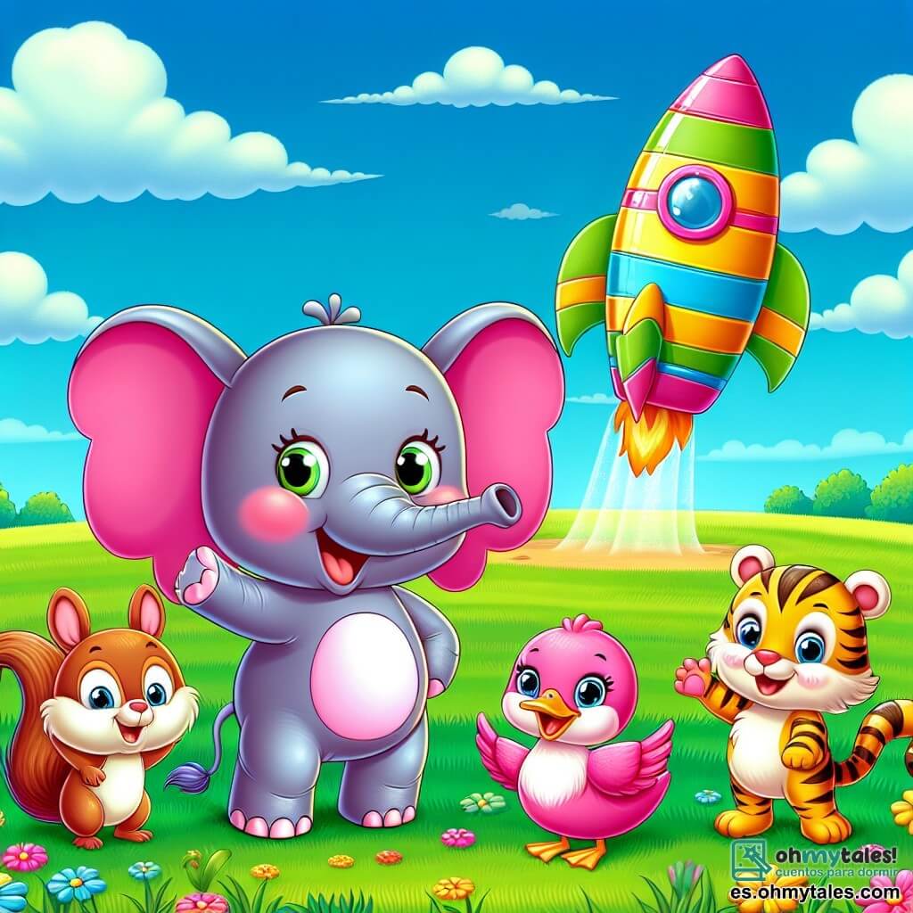 Une illustration sous forme de dessin destinée aux enfants représentant un grand champ verdoyant sous un ciel bleu éclatant, où un éléphant rose aux grandes oreilles en forme d'abanico, se tient joyeusement à côté d'une ardillle malicieuse aux yeux pétillants, d'un canard aux plumes jaunes éclatantes et d'un tigre rayé au sourire espiègle, tous en train de rire ensemble autour d'un coquet cohete coloré en carton, tandis qu'ils préparent un spectacle comique plein de rires et de surprises.