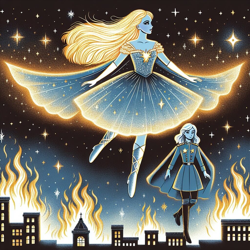 Une illustration destinée aux enfants représentant une super-héroïne aux cheveux dorés, vêtue d'une cape bleue scintillante, volant gracieusement dans le ciel au-dessus de la ville de Lumière Éclatante, accompagnée de son fidèle allié, la courageuse officière Valentina, tandis que des flammes s'élèvent d'un bâtiment en ruine, créant un contraste saisissant entre la lumière et l'obscurité.