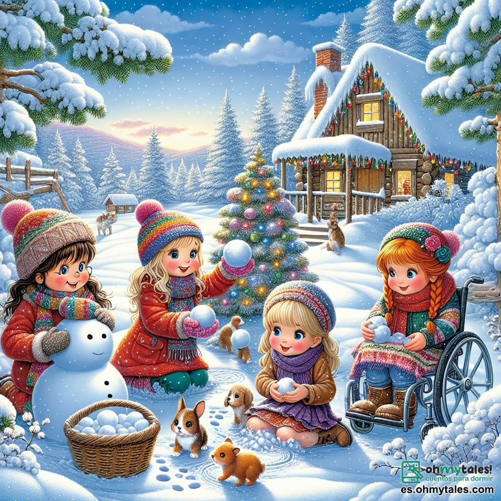 Ilustración que representa un paisaje invernal de ensueño, con una cabaña de madera rústica rodeada de altos árboles cubiertos de nieve brillante. El cielo es de un azul intenso, salpicado de nubes blancas y esponjosas, y el suelo está cubierto de una gruesa capa de nieve inmaculada, donde se pueden ver huellas de animales. En primer plano, cuatro chicas de aproximadamente 10 años, alegres y llenas de energía. Una de ellas, con cabello castaño y gafas, lleva un abrigo rojo brillante y un gorro a juego. Se arrodilla para hacer una bola de nieve. Al lado, una chica rubia, con una bufanda multicolor, sonríe mientras sostiene otra bola de nieve. Una tercera chica, con cabello negro y trenza, lleva un abrigo azul y mira con asombro a un pequeño conejo blanco que se acerca. Por último, la cuarta chica, con cabello castaño y rizado, está en una silla de ruedas decorada con guirnaldas navideñas, riendo con sus amigas. La escena principal muestra a las chicas construyendo un gran muñeco de nieve, riendo y divirtiéndose, mientras el pequeño conejo curioso las observa. Copos de nieve caen suavemente del cielo, añadiendo un toque mágico a la atmósfera. Al fondo, se dibujan colinas nevadas y huellas de pasos que conducen hacia el bosque, sugiriendo una aventura por venir.