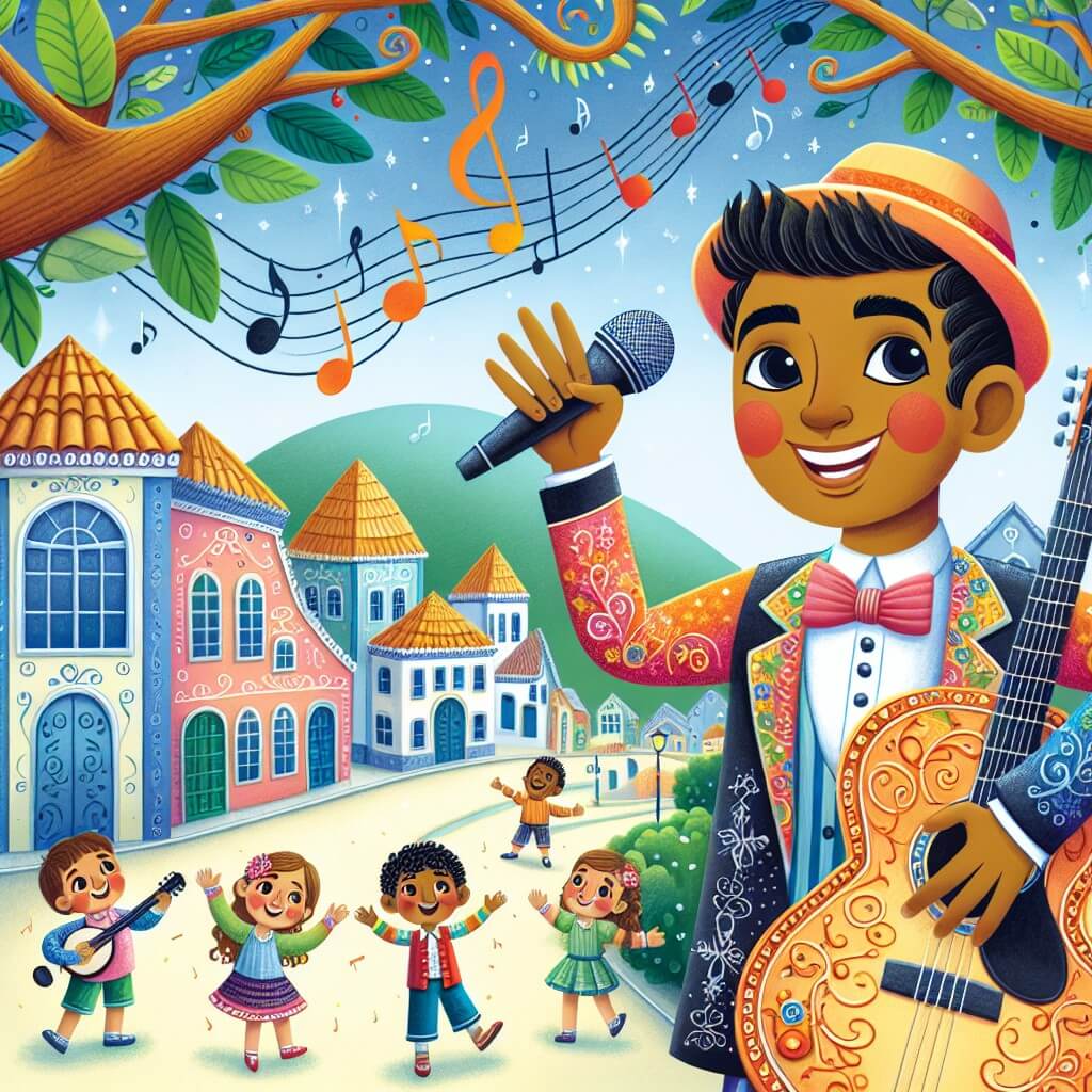 Une illustration destinée aux enfants représentant un homme au sourire radieux, vêtu d'un costume coloré, tenant un micro dans une main et une guitare dans l'autre, entouré de jeunes musiciens talentueux, dans un village enchanteur rempli de maisons aux toits en forme de notes de musique et d'arbres aux feuilles en forme de clés de sol, appelé Alegriavilla.