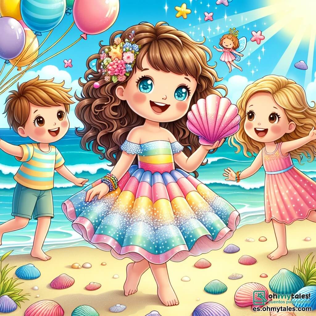 Une illustration sous forme de dessin destinée aux enfants représentant une plage ensoleillée avec des vagues douces et des coquillages éparpillés sur le sable, où une fille de 11 ans aux cheveux bouclés et aux yeux pétillants, vêtue d'une robe colorée, sourit joyeusement en tenant une magnifique conque rose, entourée de ses amis, un garçon aux cheveux bruns et une fille aux cheveux blonds, tous deux riant et jouant avec des ballons colorés, tandis qu'un petit être féérique aux ailes scintillantes flotte au-dessus d'eux, apportant une touche de magie à cette fête d'anniversaire pleine de surprises et de rires.