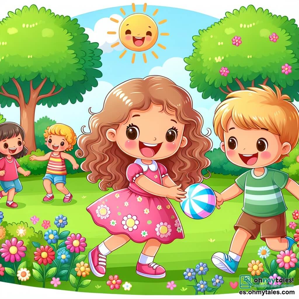 Une illustration sous forme de dessin destinée aux enfants représentant un parc ensoleillé avec des arbres verdoyants et des fleurs colorées, où une petite fille de 3 ans aux cheveux bouclés et brillants, portant une robe rose, rit joyeusement en jouant à la balle avec un garçon aux cheveux bruns et une fille aux cheveux blonds, tous deux souriants et vêtus de vêtements d'été, tandis qu'un groupe d'enfants les entoure, créant une atmosphère de bonheur et d'amitié pendant les vacances d'été.