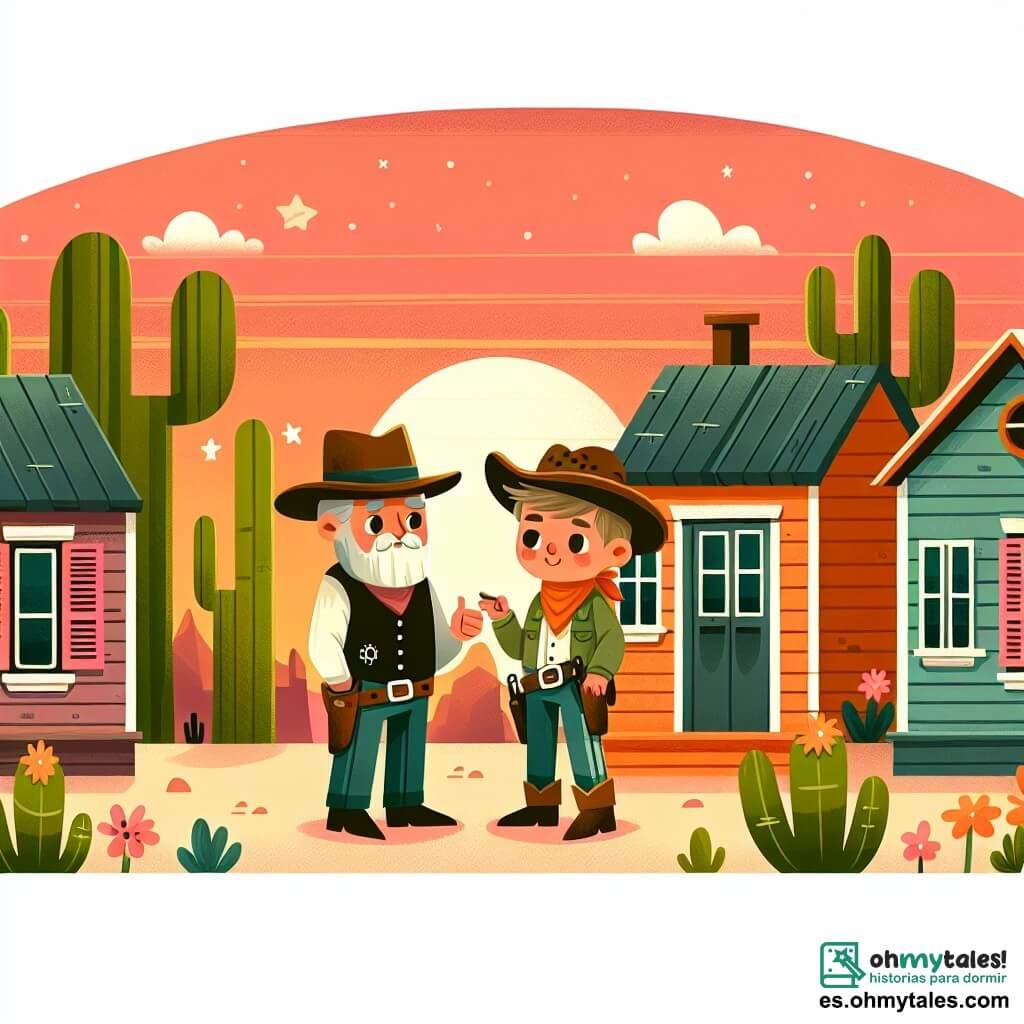 Une illustration destinée aux enfants représentant un jeune cow-boy courageux, une rencontre avec un vieux shérif bienveillant, dans un petit village du Far West, avec des maisons en bois aux volets colorés, des cactus géants et un soleil couchant orangé à l'horizon.