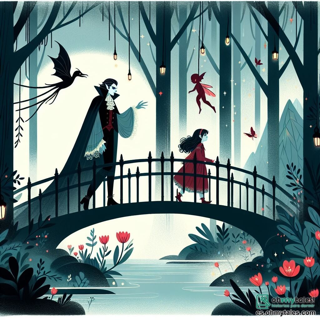 Une illustration destinée aux enfants représentant un vampire élégant et mystérieux traversant un pont couvert de neblina, accompagné d'une petite fille courageuse, dans un bosque encantado donde los árboles brillan con luz propia y las hadas danzan alrededor de las flores.