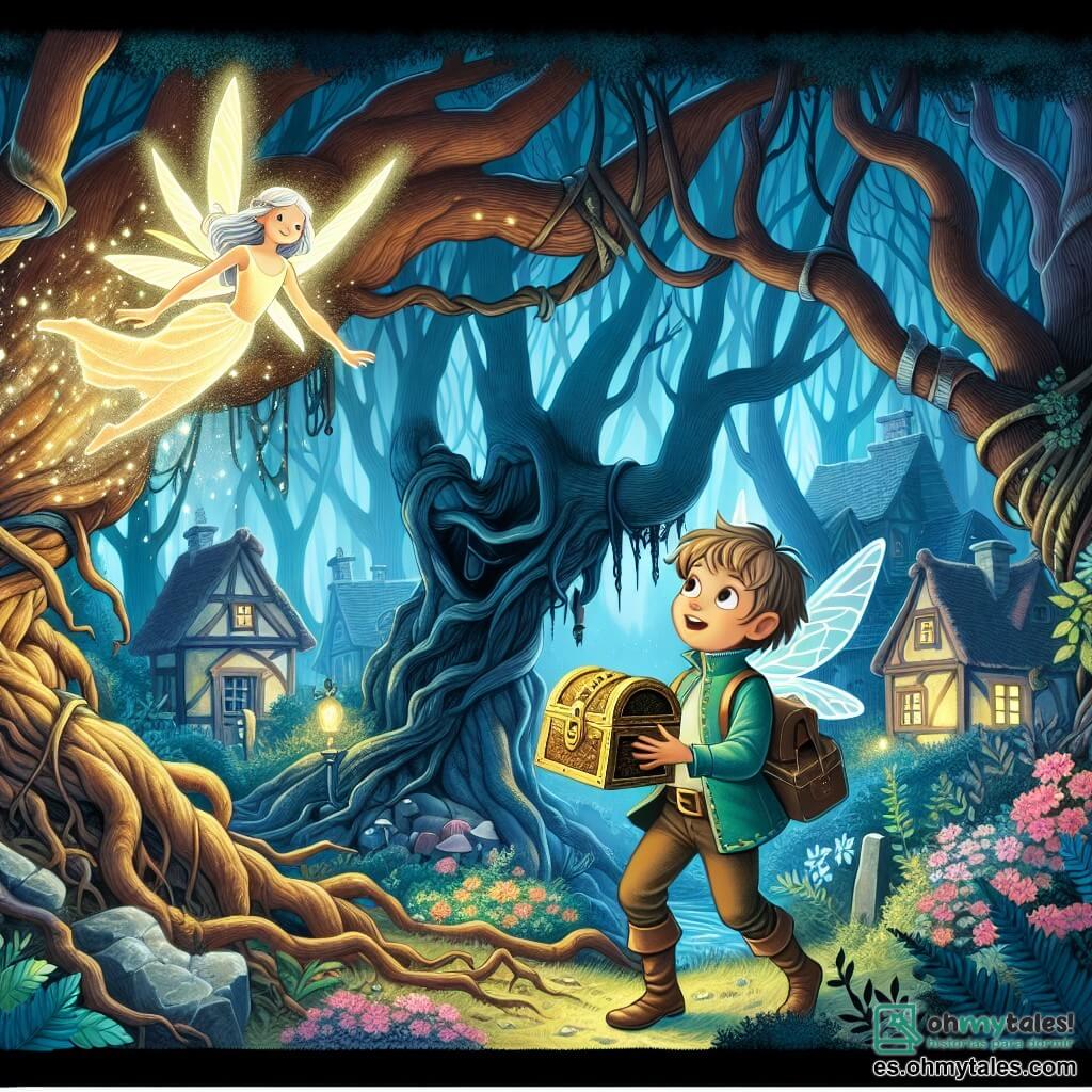 Une illustration destinée aux enfants représentant un garçon courageux découvrant un mystérieux trésor dans un bosque encanté, accompagné d'une fée lumineuse, entourés de arbres anciens aux branches tordues et de sombres ombres dansantes, dans un petit village aux maisons colorées et aux jardins fleuris.