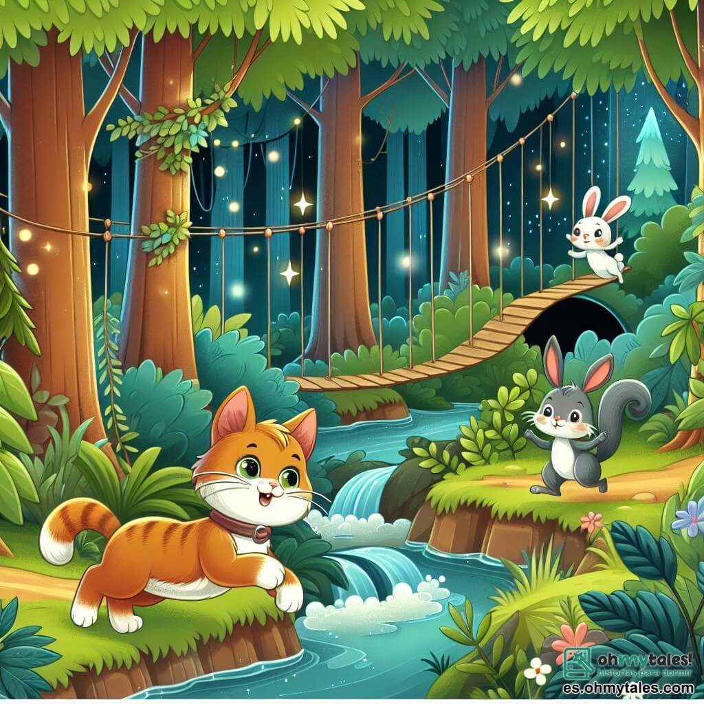 Une illustration destinée aux enfants représentant un chat aventurier qui explore un mystérieux bosquet en compagnie d'un timide lapin et d'une rapide écureuil, au milieu d'un luxuriant et enchanté bois rempli de ruisseaux étincelants, de grottes sombres et de ponts suspendus.