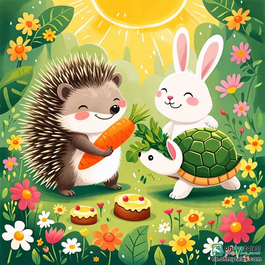 Une illustration sous forme de dessin destinée aux enfants représentant un jardin ensoleillé rempli de fleurs colorées, au centre un hérisson aux piquants doux et aux yeux pétillants, souriant joyeusement tout en tenant une carotte dans ses petites pattes, tandis qu'une tortue avec une carapace verte et des yeux malicieux se tient à ses côtés, apportant des gâteaux de feuilles, et un lapin aux grandes oreilles blanches saute autour d'eux, tous réunis pour une fête joyeuse, entourés de guirlandes de fleurs et de fruits frais.