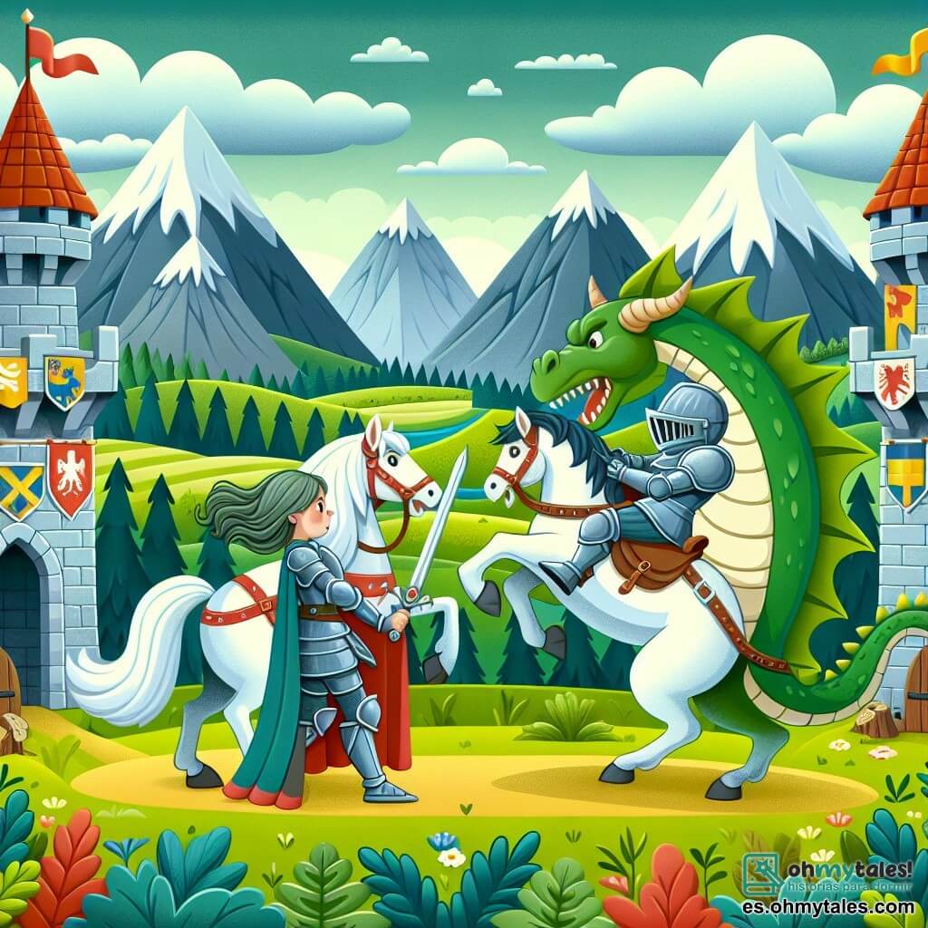 Une illustration destinée aux enfants représentant une chevalière courageuse, affrontant un dragon féroce, accompagnée de son fidèle corcel blanc, dans un royaume médiéval aux tours de pierre ornées de bannières colorées, entouré de vastes champs verdoyants et de montagnes majestueuses.