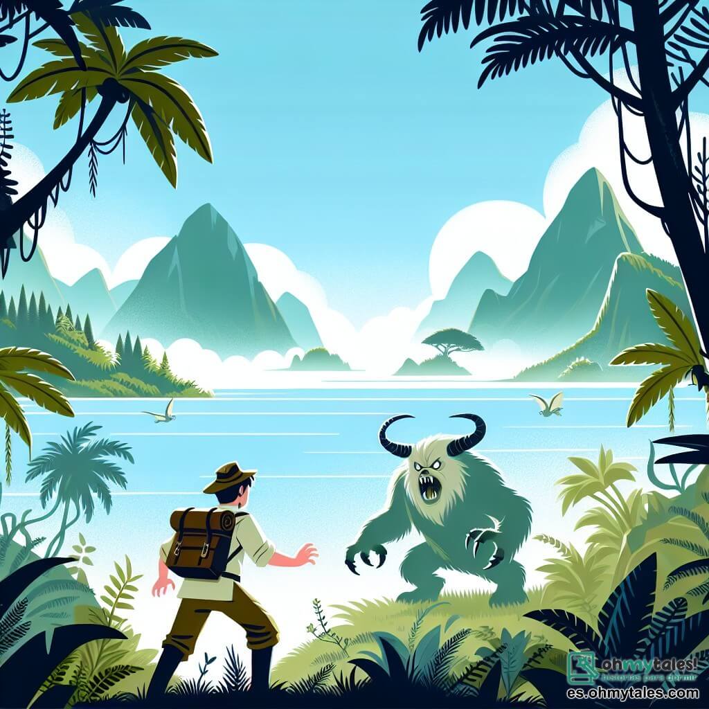 Une illustration destinée aux enfants représentant un explorateur courageux affrontant des créatures mystérieuses avec l'aide de son fidèle ami, sur une île luxuriante et sauvage entourée par l'océan Pacifique.