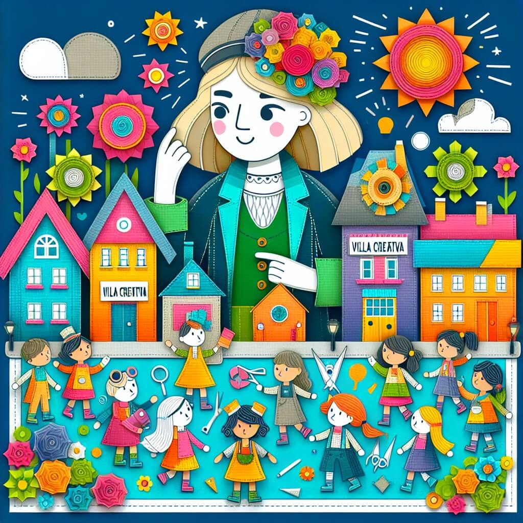 Une illustration destinée aux enfants représentant une femme inventrice, entourée d'enfants curieux, dans un village coloré appelé Villa Creativa, où les maisons sont toutes faites de matériaux de bricolage et où les rues sont bordées de fleurs en papier.