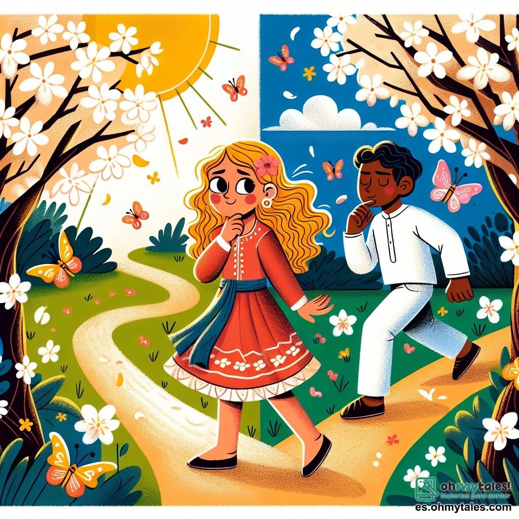 Une illustration destinée aux enfants représentant une fillette aux boucles dorées, confrontée à la décision entre dire la vérité ou cacher un secret, accompagnée de son amie dans un parc ensoleillé aux arbres fleuris et aux papillons virevoltants.