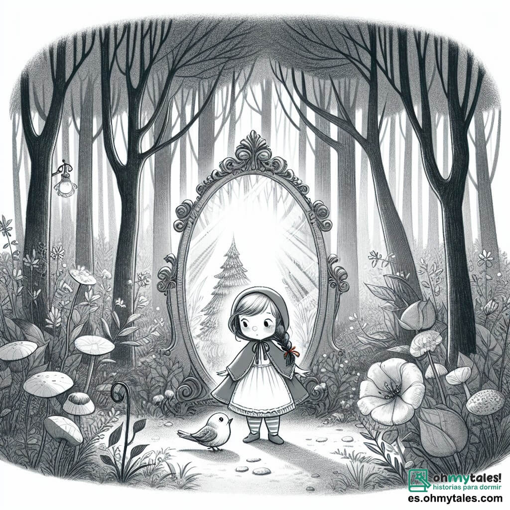 Une illustration destinée aux enfants représentant une petite fille timide et douce, accompagnée d'un pajarito herido, se tenant devant un espejo magique au cœur du Bosque de los Sueños, un endroit enchanté où la lumière filtre à travers les feuilles des grands arbres.