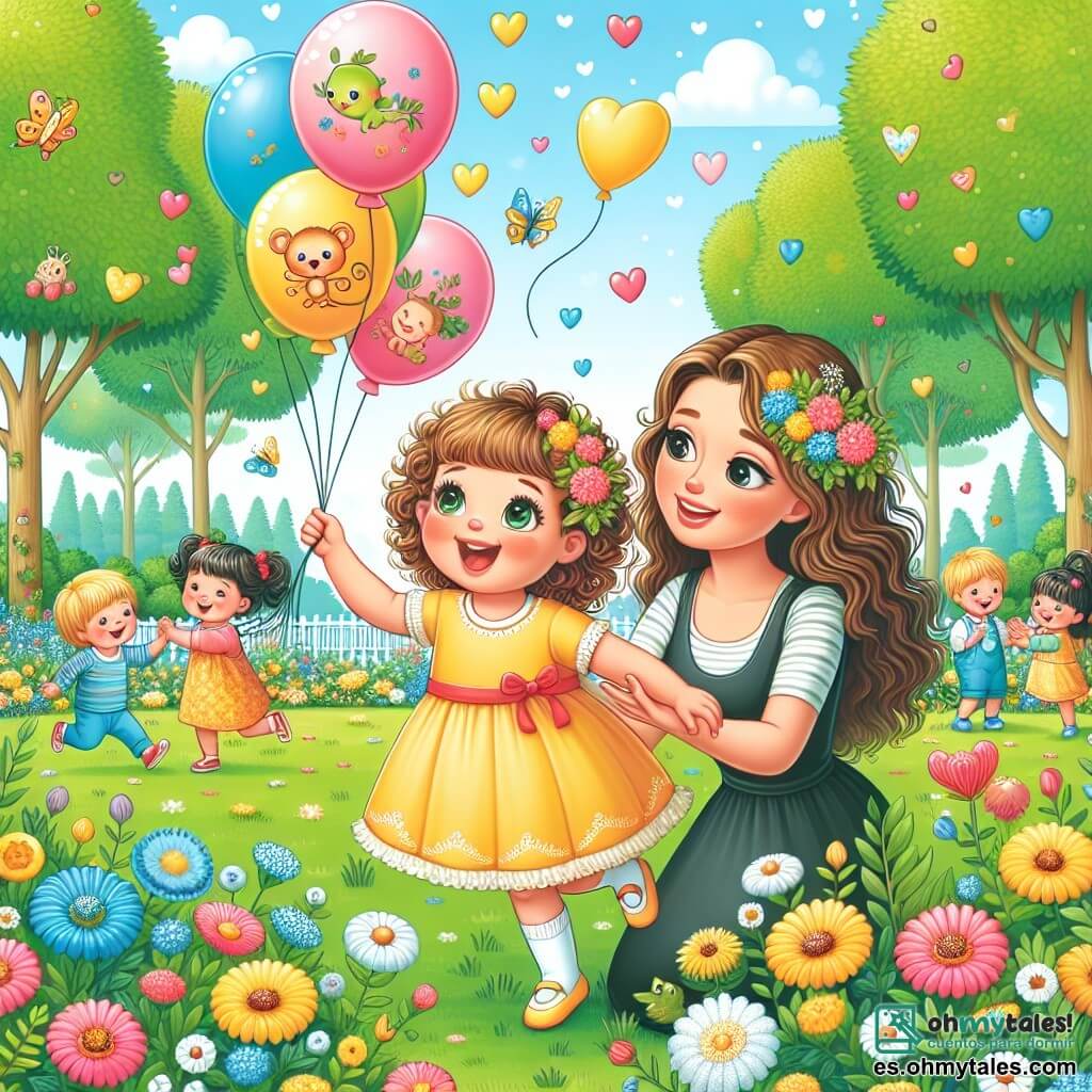 Une illustration sous forme de dessin destinée aux enfants représentant un parc coloré avec des fleurs éclatantes et des arbres verdoyants, où une petite fille de 3 ans aux cheveux bouclés et aux yeux pétillants, vêtue d'une robe jaune, sourit joyeusement en jouant avec des ballons, tandis qu'une maman bienveillante aux cheveux longs et bruns l'observe avec tendresse, et quelques amis enfants aux visages rayonnants s'amusent autour d'elle, illustrant un moment de bonheur et de réconfort après une maladie, avec des dessins d'animaux et de cœurs flottant dans l'air pour accentuer la joie de l'instant.