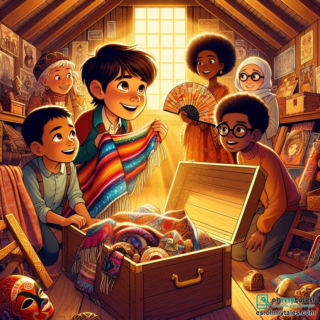 Ilustración que representa a un grupo de niños en un amplio y luminoso desván lleno de tesoros. Las paredes de madera están cubiertas de viejos carteles y recuerdos coloridos, mientras que una luz dorada se filtra a través de una ventana polvorienta, iluminando un gran baúl de madera abierto, rebosante de objetos fascinantes. Un niño de once años, con cabello castaño y ojos chispeantes, se inclina sobre el baúl, sosteniendo un poncho colorido entre sus manos, maravillado por sus patrones. Junto a él, una niña de once años, con cabello negro y rizado, sonríe sosteniendo un abanico japonés, con los ojos brillantes de curiosidad. Un niño de once años, de origen árabe, con cabello corto y una energía contagiosa, examina una máscara africana, con expresión intrigada. Finalmente, un niño de once años, con cabello castaño y gafas, observa atentamente un pequeño tótem de madera, con aire pensativo. La escena captura el momento en que estos amigos descubren juntos las maravillas del desván, intercambiando ideas e historias sobre cada objeto, celebrando la diversidad cultural que los rodea. Libros abiertos y dibujos coloridos están esparcidos a su alrededor, añadiendo un toque de creatividad e imaginación a la atmósfera alegre y colaborativa de la exploración.