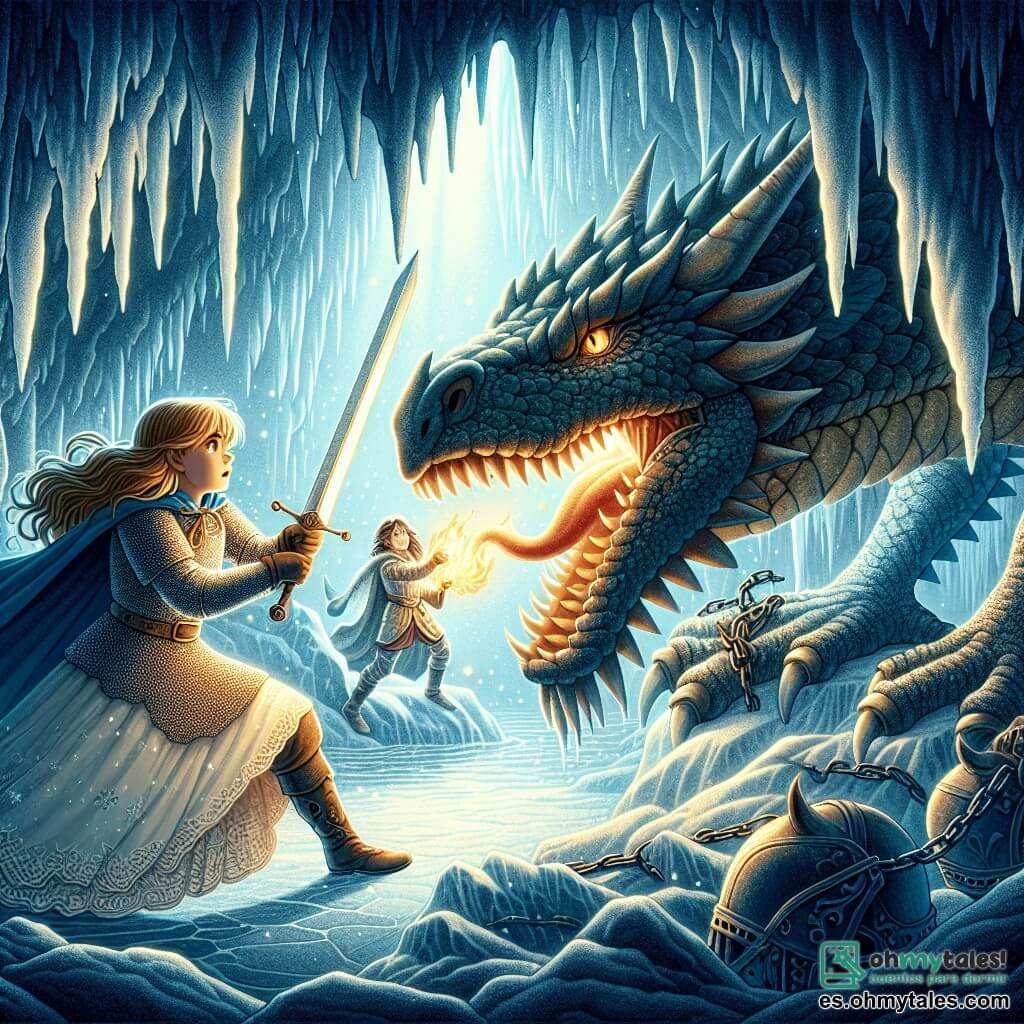 Une illustration sous forme de dessin destinée aux enfants représentant une caverne sombre et glaciale, où un jeune chevalier aux cheveux bruns et aux yeux déterminés, portant une armure étincelante et brandissant une épée, se tient courageusement face à un immense dragon aux écailles brillantes et aux yeux flamboyants, tandis qu'une princesse aux longs cheveux dorés, vêtue d'une robe délicate, est enchaînée à un mur de glace, regardant avec espoir le chevalier qui s'apprête à la sauver, le tout baigné dans une lumière mystérieuse qui souligne l'intensité de ce moment héroïque.