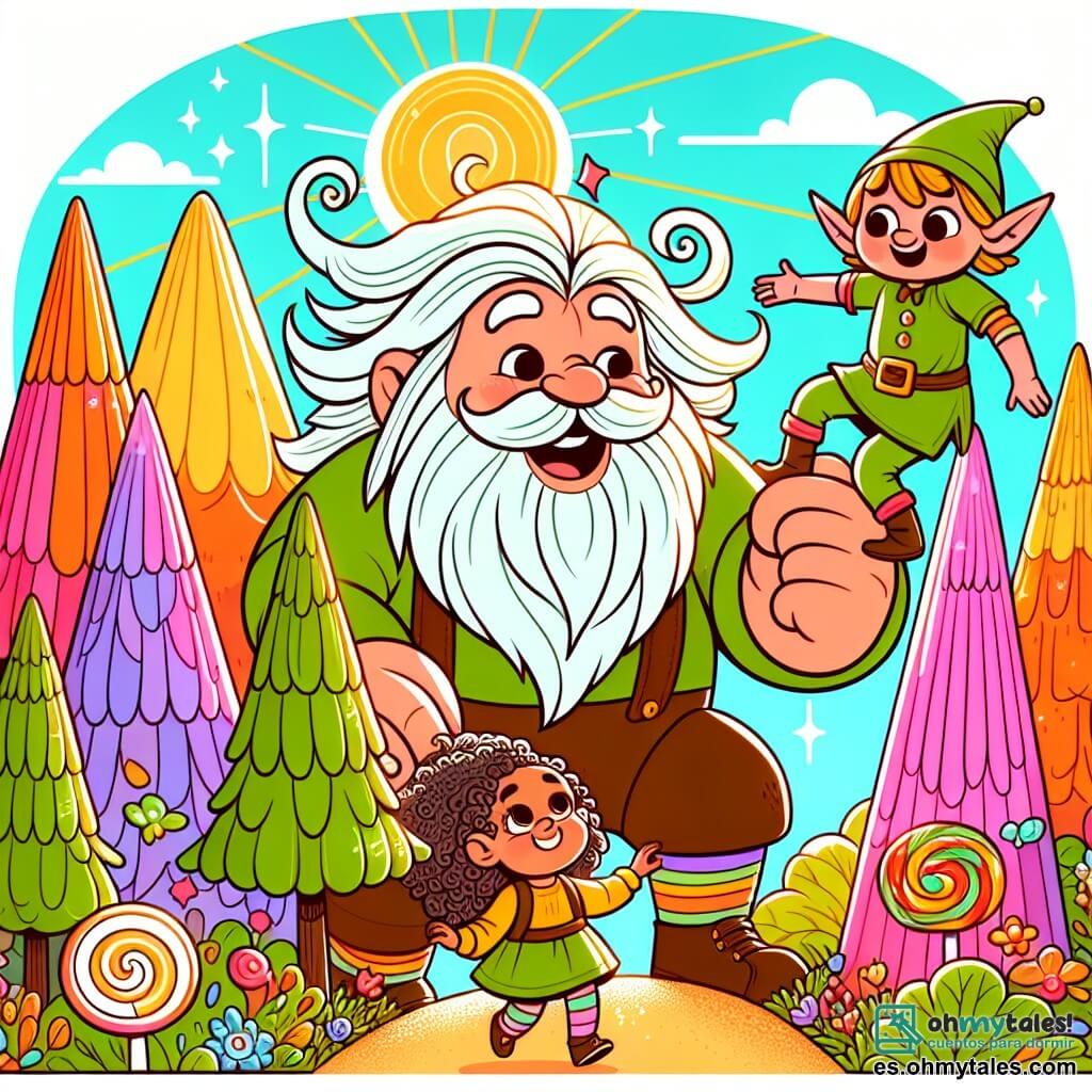 Une illustration sous forme de dessin destinée aux enfants représentant un parc magique aux arbres colorés et à la lumière dorée du soleil, où un géant doux et souriant avec une grande barbe blanche et des yeux brillants aide une petite fille aux cheveux bouclés et aux yeux pétillants, tandis qu'un petit duende vert aux oreilles pointues les guide joyeusement vers une montagne de bonbons, illustrant leur quête pour retrouver un cœur brillant qui maintient la magie de leur ville.