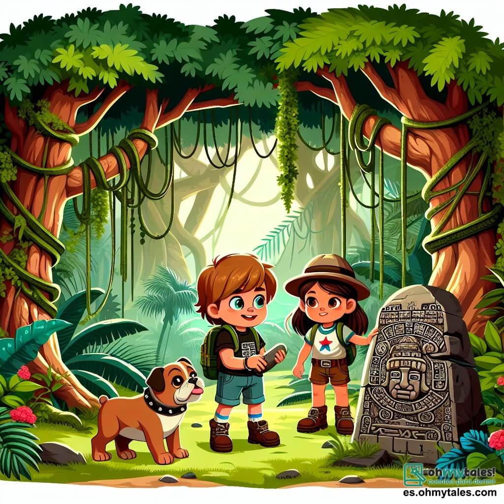 Une illustration sous forme de dessin destinée aux enfants représentant une jungle luxuriante et dense, avec des arbres géants recouverts de lianes et de fleurs colorées, où un jeune garçon aux cheveux castaigns et aux yeux pétillants, vêtu d'un t-shirt et d'un short d'explorateur, examine attentivement une ancienne pierre gravée de symboles mayas, tandis qu'une jeune fille aux cheveux longs et bruns, habillée en exploratrice avec un chapeau et un sac à dos, l'observe avec curiosité et enthousiasme, alors qu'un bulldog au pelage marron se tient à leurs pieds, prêt à les accompagner dans leur quête pour découvrir les secrets de la civilisation maya.