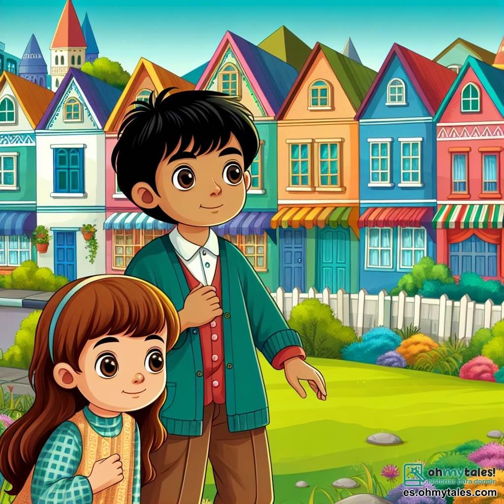 Une illustration destinée aux enfants représentant un garçon curieux et courageux, accompagné de sa voisine, une fille timide et attentionnée, enquêtant dans un joli quartier avec des maisons colorées et un parc verdoyant.