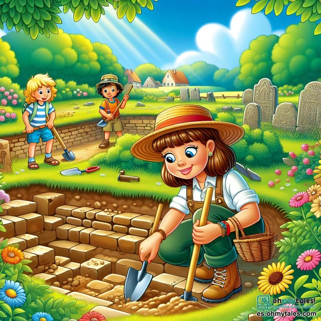Une illustration sous forme de dessin destinée aux enfants représentant un site archéologique ensoleillé, avec des ruines anciennes entourées de verdure et de fleurs colorées, où une femme archéologue aux cheveux bruns attachés en chignon, portant un chapeau de paille et des vêtements pratiques, fouille le sol avec une pelle et un pinceau, tandis qu'un groupe de trois enfants, deux garçons aux cheveux blonds et une fille aux cheveux châtains, l'observe avec curiosité, tous émerveillés par la découverte d'un ancien chemin de briques qui émerge lentement du sol, symbolisant l'excitation et l'esprit d'équipe dans leur quête de trésors du passé.