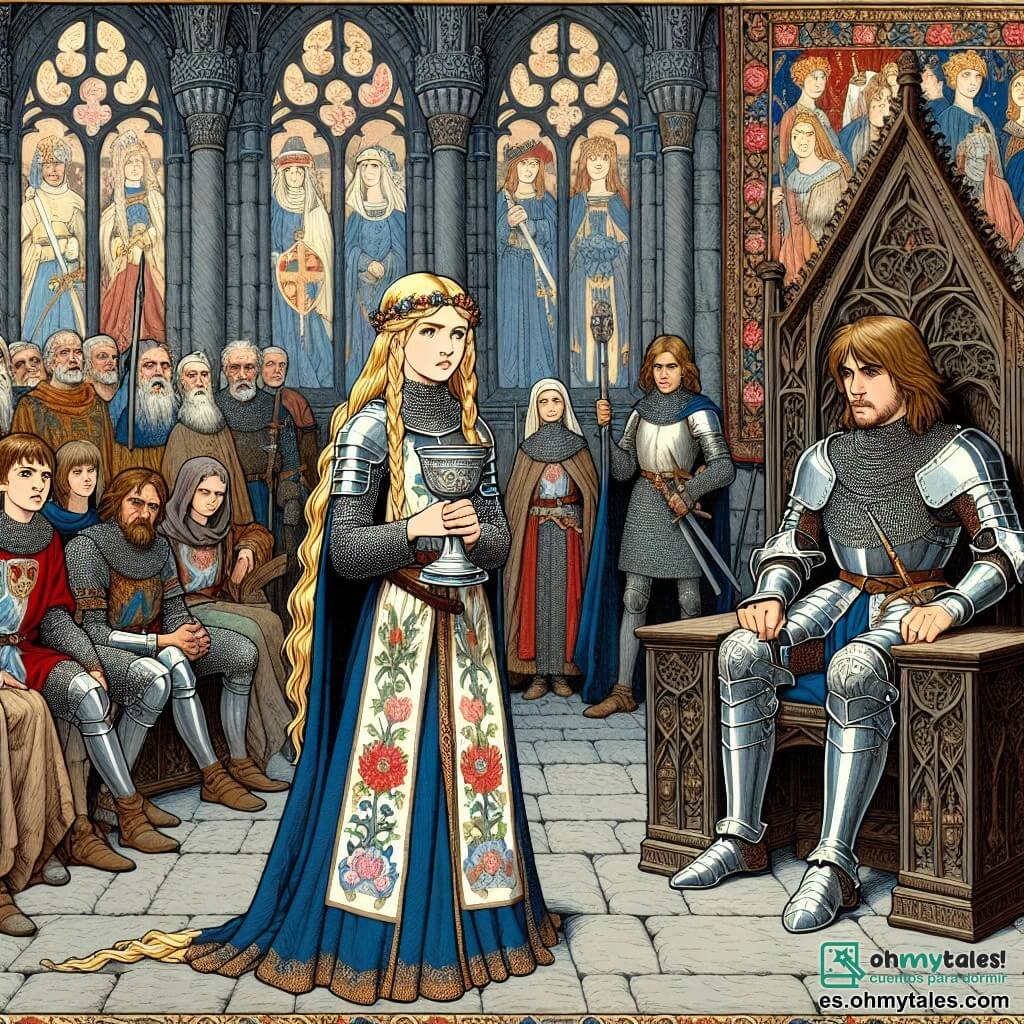 Ilustración que representa una gran sala del trono de un castillo medieval, con paredes de piedra gris adornadas con tapices coloridos que representan batallas épicas. En el centro, un trono majestuoso, ligeramente inclinado, donde reposa un rey debilitado, rodeado de nobles preocupados con rostros ansiosos. En primer plano, una caballera, mujer valiente, se mantiene de pie con determinación. Lleva una armadura brillante, adornada con motivos florales, y un manto azul que flota ligeramente detrás de ella. Su largo cabello dorado, trenzado con cuidado, cae sobre sus hombros. Sostiene un cáliz de plata en sus manos, lleno de una mezcla luminosa, y mira al rey con una expresión de confianza y esperanza. A su lado, un joven de unos 20 años, con el cabello castaño desordenado y ojos vivos, observa con admiración. Viste una túnica simple y pantalones, y sostiene un rollo de pergamino, listo para traer noticias. La escena captura el momento crucial en el que la caballera se prepara para realizar un ritual para salvar al rey y su reino, rodeada de una atmósfera de tensión y esperanza. Las velas titilantes proyectan sombras en la sala, y una luz suave emana del cáliz, iluminando los rostros de los personajes.