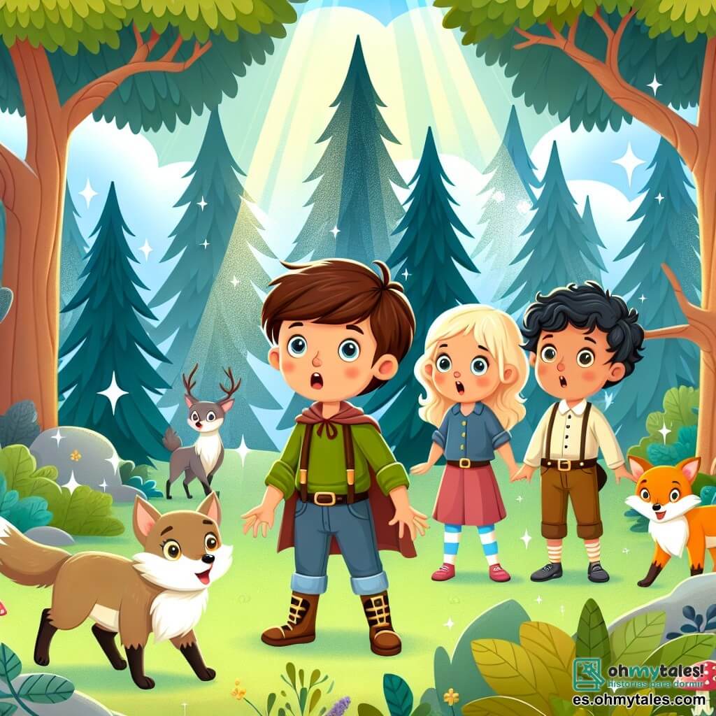 Une illustration destinée aux enfants représentant un petit garçon intrépide se perdant dans une forêt mystérieuse, accompagné de ses amis, une fille courageuse et un garçon malicieux, entourés d'arbres majestueux aux feuilles chatoyantes et de petits animaux curieux.