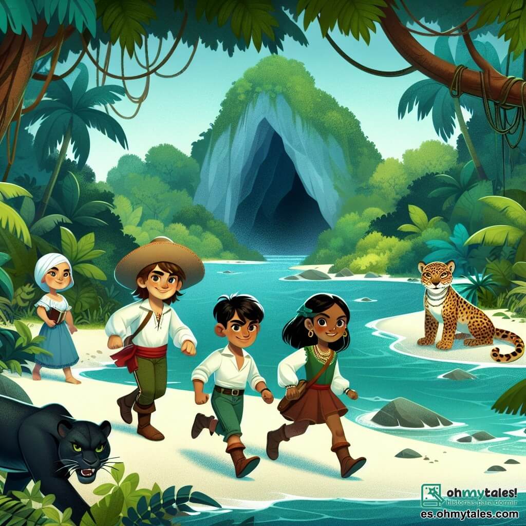 Une illustration destinée aux enfants représentant un jeune garçon intrépide, accompagné de ses trois amis, une fille intelligente, un garçon fort et une fille agile, explorant une île mystérieuse avec des plages de sable blanc, une dense jungle verdoyante et une grotte sombre habitée par un jaguar majestueux.