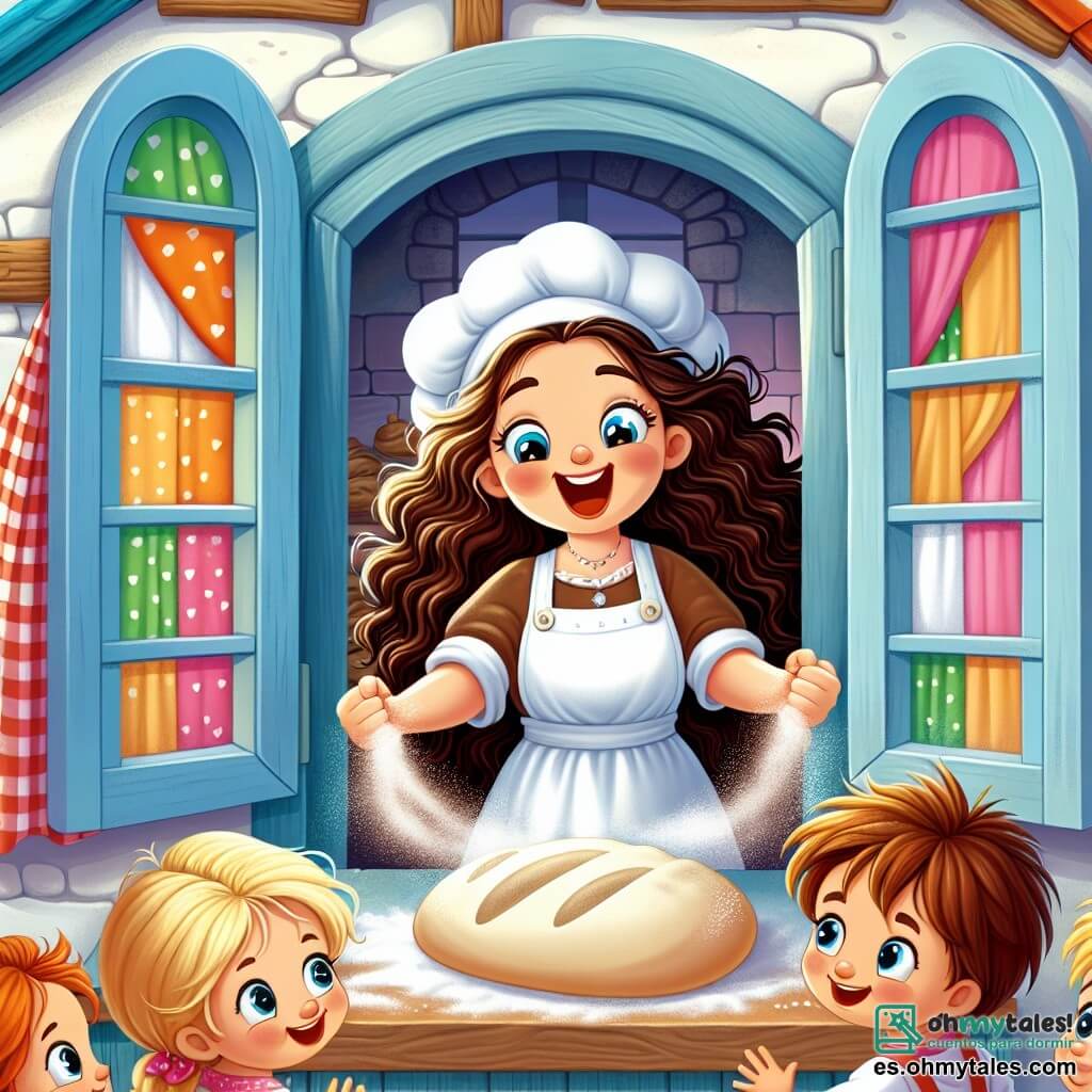 Une illustration sous forme de dessin destinée aux enfants représentant une charmante boulangerie en bois avec des fenêtres colorées, où une femme souriante aux cheveux châtains et bouclés, portant un tablier blanc légèrement fariné, pétrit de la pâte à pain avec passion, tandis qu'un groupe de trois enfants, deux filles aux cheveux blonds et un garçon aux cheveux bruns, les yeux pétillants d'excitation, l'observe attentivement, émerveillés par la magie de la création du pain et impatients de goûter aux délicieuses créations.