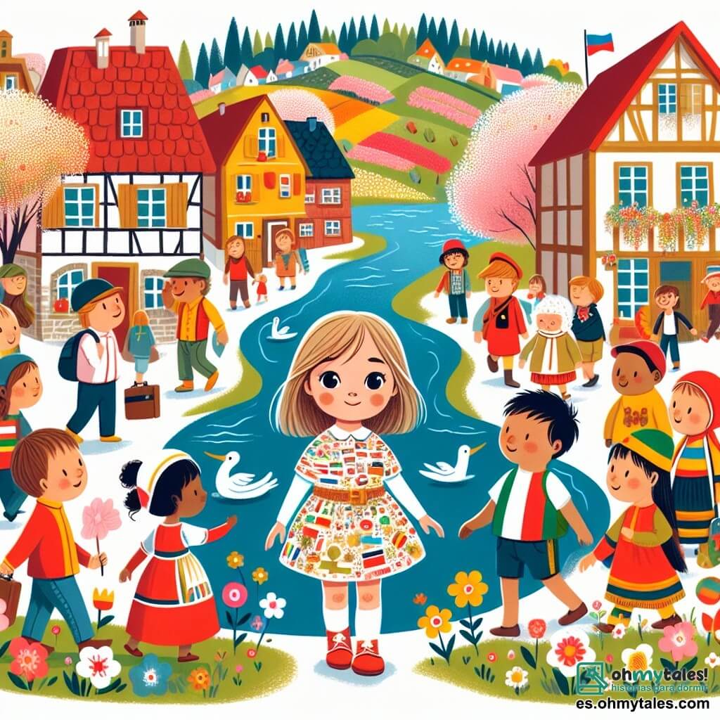 Une illustration destinée aux enfants représentant une petite fille curieuse, entourée d'amis venant de différents pays, découvrant ensemble un monde coloré rempli de cultures et de traditions, dans un village animé où les maisons aux toits rouges se dressent le long d'une rivière bordée de magnifiques arbres en fleurs.