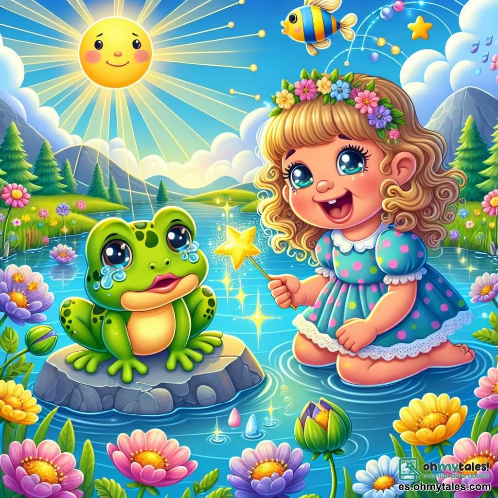 Ilustración que representa un lago encantado, rodeado de flores coloridas que cantan suavemente. El cielo es de un azul brillante, salpicado de nubes esponjosas y un sol radiante que ilumina la escena. Al borde del lago, una niña de 1 año, con grandes ojos brillantes y cabello rizado dorado, sostiene una varita mágica dorada que brilla en su mano. Sonríe alegremente, mirando a un sapo triste a sus pies. El sapo, de un verde vivo con manchas amarillas, tiene grandes ojos redondos y llora lágrimas brillantes como gotas de lluvia. Parece desesperado, sentado sobre una piedra plana al borde del agua. La niña, llena de compasión, agita su varita hacia el sapo, lista para ayudarlo a recuperar su canción perdida. Peces coloridos vuelan sobre el lago, añadiendo un toque de magia a la escena. Rayos de luz bailan a su alrededor, creando una atmósfera de ensueño.