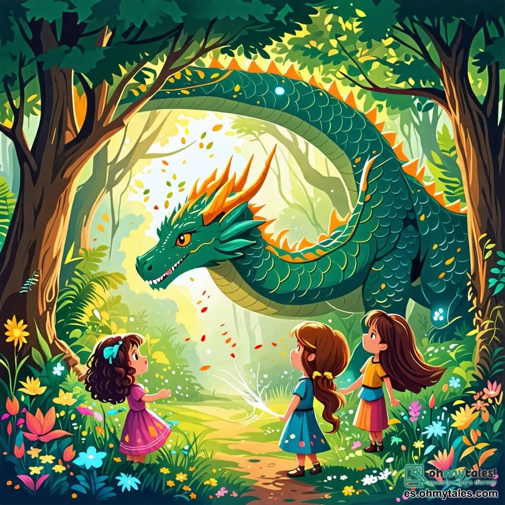 Ilustración que representa un claro encantado en el corazón de un bosque mágico. Los árboles son majestuosos, con troncos gruesos y hojas de un verde brillante, mientras que flores coloridas con pétalos brillantes bailan suavemente al compás del viento. En el centro, un gran dragón de escamas doradas, con ojos brillantes y una expresión suave, está liberado de una gran tela mágica. Junto a él, tres niñas están presentes: la primera, una niña de unos 8 años, tiene el cabello rizado y ojos chispeantes, lleva un vestido colorido y sonríe con entusiasmo. La segunda, una niña de 7 años, tiene el cabello largo y liso, está saltando de alegría, vestida con un atuendo ligero y alegre. La tercera, una niña de 9 años, tiene el cabello trenzado y una mirada reflexiva, sostiene un pequeño cuaderno en sus manos, observando la escena con asombro. La situación principal muestra el momento en que las niñas, tras encontrar las gemas mágicas, se reúnen alrededor del dragón para celebrar su liberación. Destellos de luz emanan de las gemas brillantes que sostienen, iluminando el rostro del dragón y creando una atmósfera de magia y amistad. En el fondo, aves coloridas vuelan alegremente en el cielo azul, añadiendo a la magia de este momento.