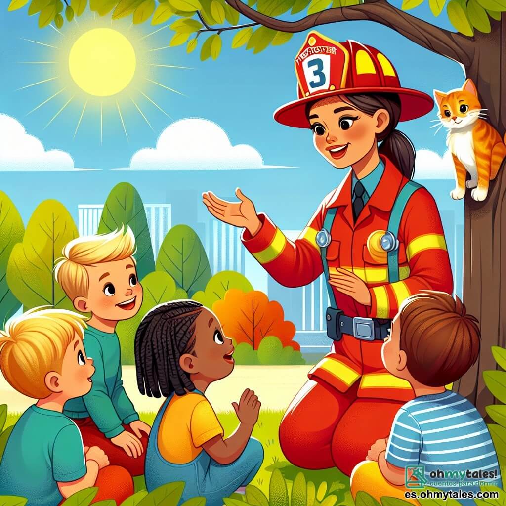 Une illustration sous forme de dessin destinée aux enfants représentant un vibrant et coloré parc ensoleillé, où une femme pompière au sourire chaleureux, portant un uniforme rouge vif et un casque jaune, se penche avec bienveillance pour parler à un groupe de quatre enfants, deux garçons aux cheveux blonds et deux filles aux cheveux bruns, tous captivés par ses histoires de bravoure, tandis qu'un chaton orange, perché sur une branche d'arbre, les observe curieusement, illustrant l'esprit d'entraide et de courage qui unit les héros du quotidien.