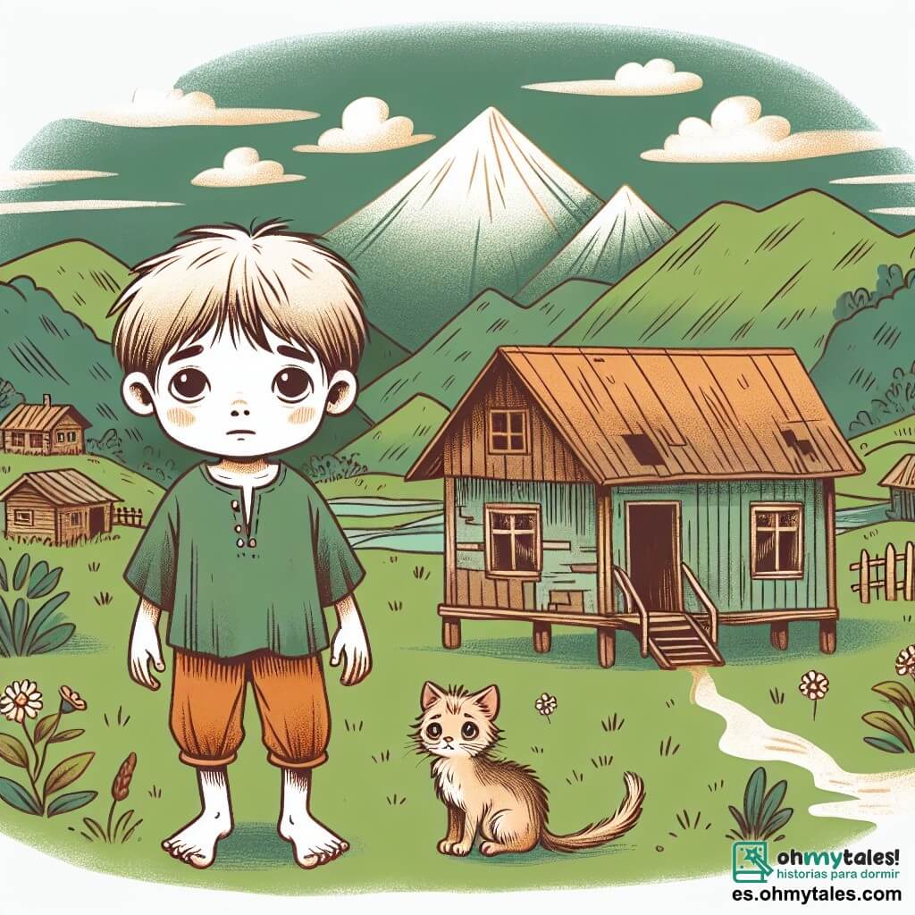 Une illustration destinée aux enfants représentant un jeune garçon aux joues creuses et aux vêtements usés, vivant dans une petite maison en bois entourée de champs verdoyants, avec pour seul compagnon un chaton maigre, dans un village paisible niché au pied d'une montagne majestueuse.