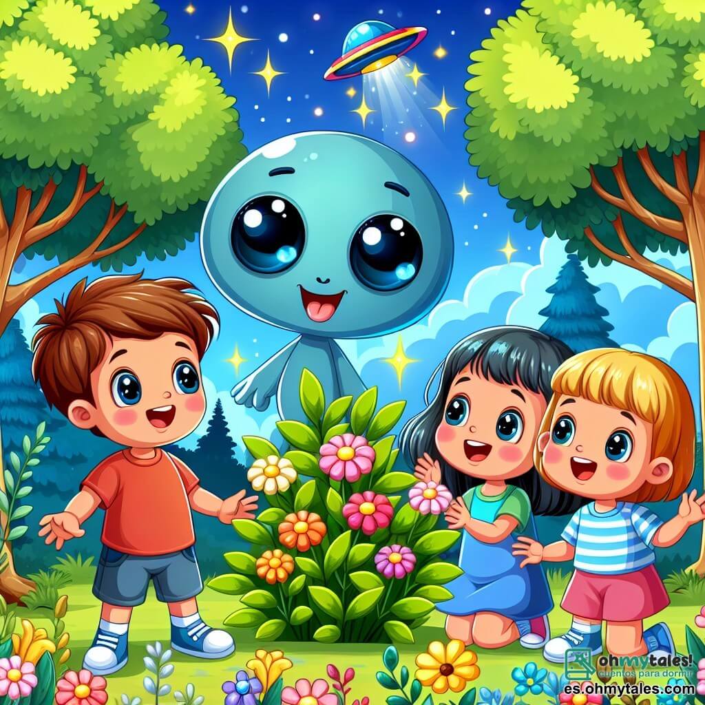 Une illustration sous forme de dessin destinée aux enfants représentant un parc coloré avec des arbres aux feuilles brillantes, où un groupe de quatre enfants de cinq ans (deux garçons aux cheveux bruns et une fille aux cheveux blonds et une autre fille aux cheveux noirs) s'émerveille autour d'un petit extraterrestre bleu aux grands yeux ronds, qui sourit joyeusement tout en montrant sa petite navette spatiale cachée dans un buisson, tandis que des fleurs chantent doucement en arrière-plan, créant une atmosphère magique et amicale.