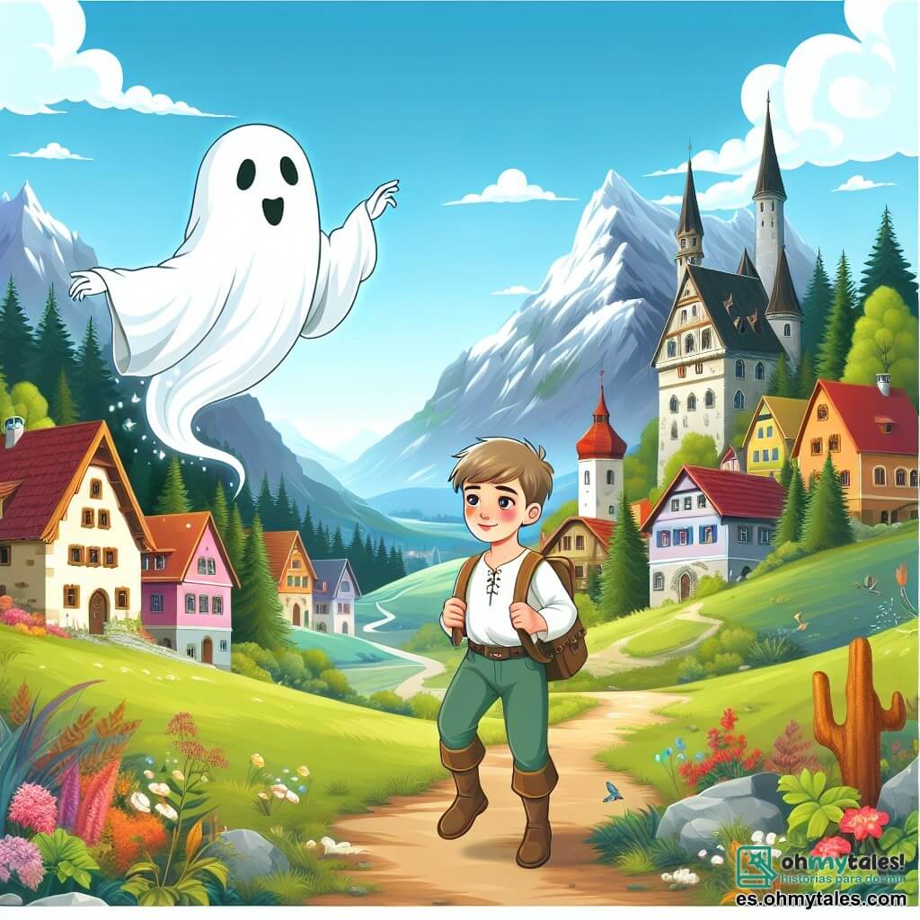 Une illustration destinée aux enfants représentant un fantôme curieux flottant dans une forêt enchantée, accompagné d'un jeune garçon intrépide, explorant un village pittoresque avec des maisons colorées et des montagnes majestueuses en toile de fond.