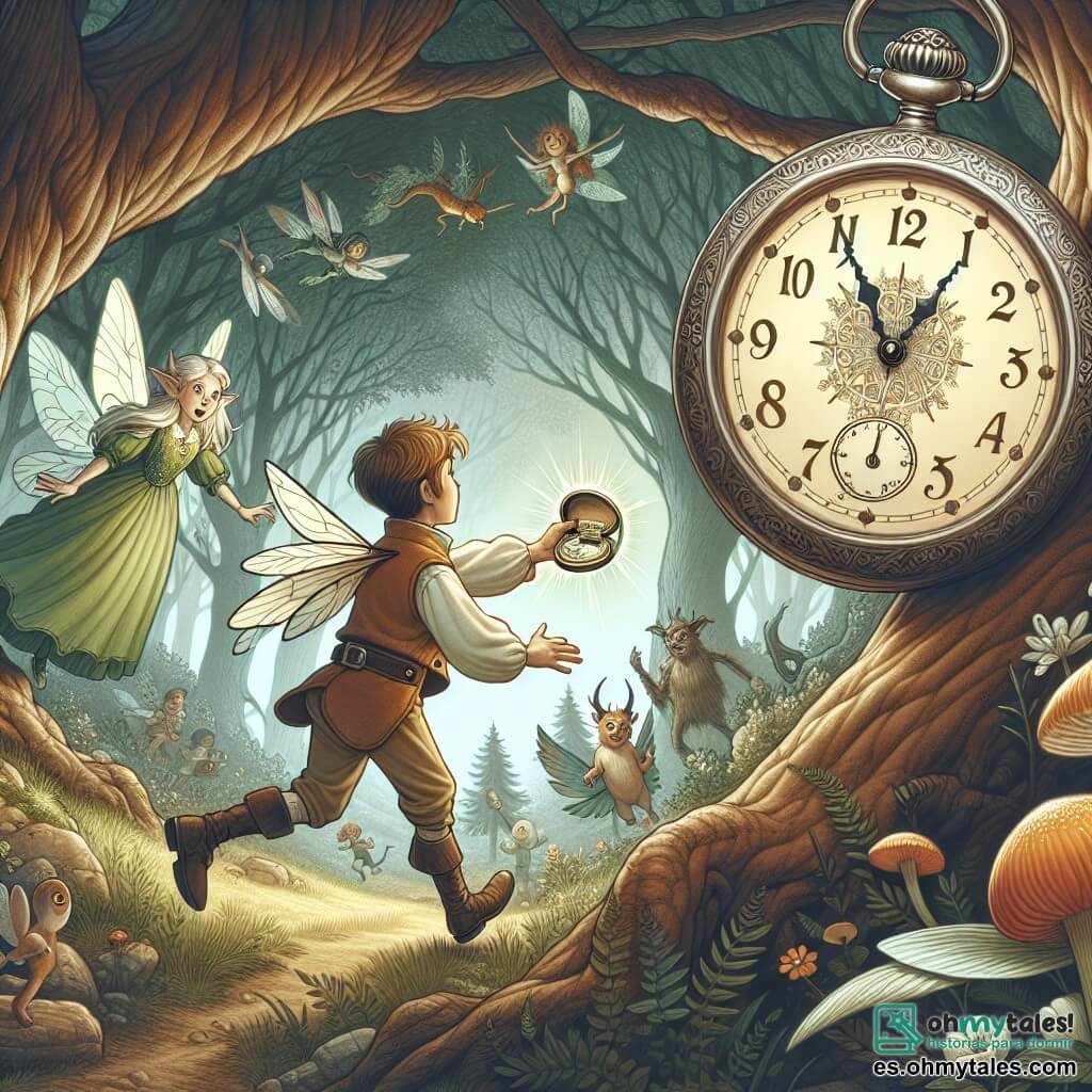 Une illustration destinée aux enfants représentant un garçon intrépide découvrant un mystérieux reloj de poche, accompagné d'une fée bienveillante, dans un bosquet enchanté rempli d'arbres majestueux et de créatures fantastiques.