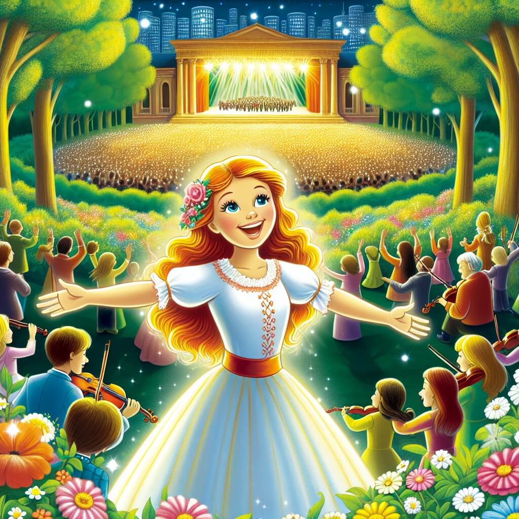 Une illustration destinée aux enfants représentant une jeune femme au sourire radieux, debout sur une scène brillamment éclairée, entourée d'une foule enthousiaste et colorée, dans un magnifique parc rempli de fleurs et d'arbres verdoyants, où résonnent les mélodies enchantées de musiciens talentueux.