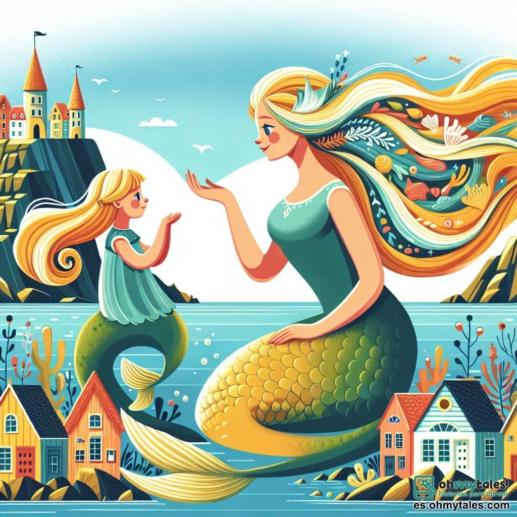 Une illustration destinée aux enfants représentant une belle sirène aux longs cheveux dorés se liant d'amitié avec une fillette curieuse dans un village côtier aux maisons colorées et aux eaux cristallines.