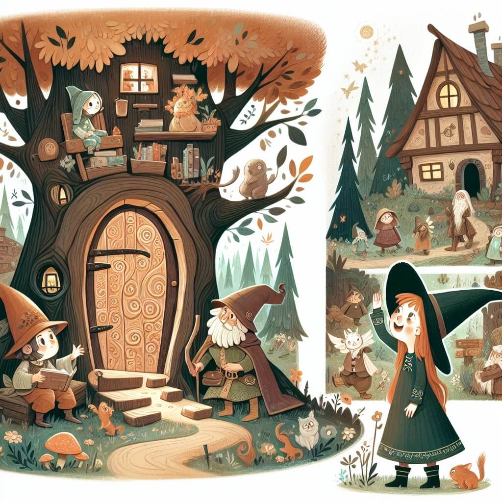 Une illustration destinée aux enfants représentant une sorcière curieuse et imaginative découvrant un monde magique rempli de créatures fantastiques, accompagnée de ses amis sorciers, dans un petit village entouré de forêts enchantées et d'un arbre mystérieux orné d'une porte secrète en bois sculpté.