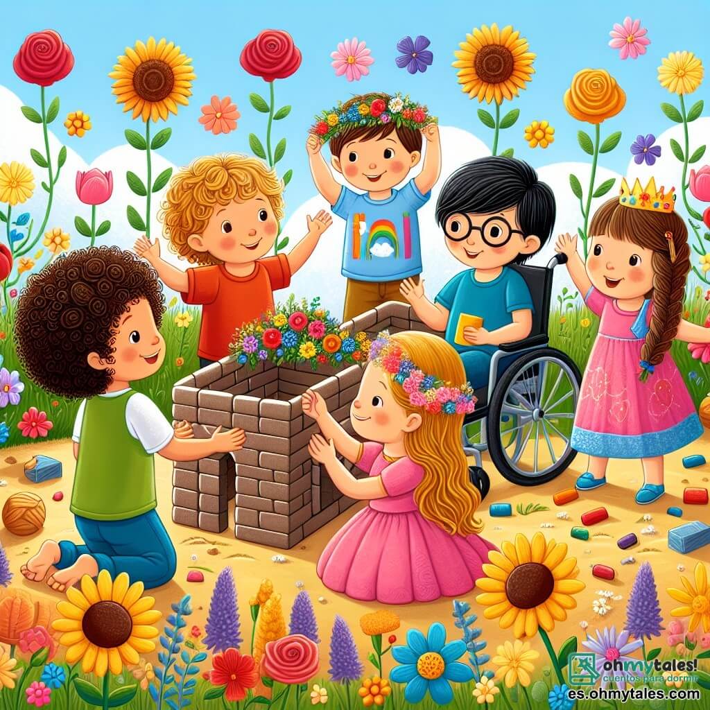 Ilustración que representa un jardín encantado lleno de flores brillantes de todos los colores: rosas rojas, girasoles amarillos, violetas y miosotis. En el centro, un grupo de cuatro niños, todos de tres años, se divierten juntos. Un niño con cabello castaño y rizado, que lleva una camiseta azul, está construyendo una casa de barro con ladrillos de barro. A su lado, un niño con cabello rubio y liso, vestido con una camiseta verde, sonríe sosteniendo una corona de flores. Una niña con cabello castaño trenzado, vestida con un vestido rosa, juega a ser la princesa, levantando los brazos con entusiasmo. Finalmente, un niño en silla de ruedas, con gafas y cabello negro, lleva una camiseta roja y anima a sus amigos con una gran sonrisa. La escena muestra a los niños creando una casa de ensueño, simbolizando la igualdad de género, donde cada uno puede ser lo que quiera. Al fondo, los padres ríen y aplauden, y globos de colores flotan en el aire, añadiendo un ambiente festivo a este momento alegre.