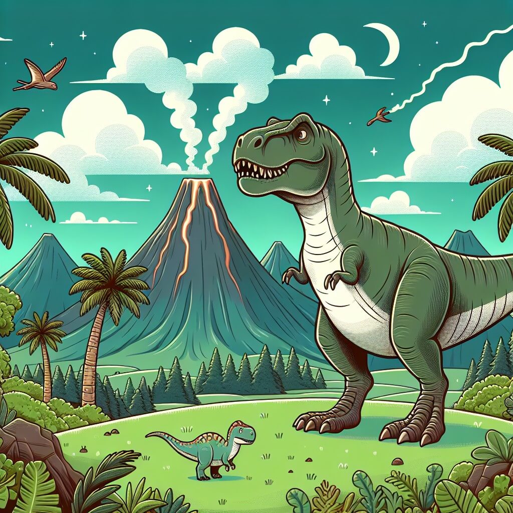 Une illustration destinée aux enfants représentant un imposant Tyrannosaure Rex, se tenant debout sur une colline verdoyante, avec un petit hadrosaure curieux à ses côtés, dans un vaste royaume préhistorique rempli de volcans fumants et de palmiers majestueux.