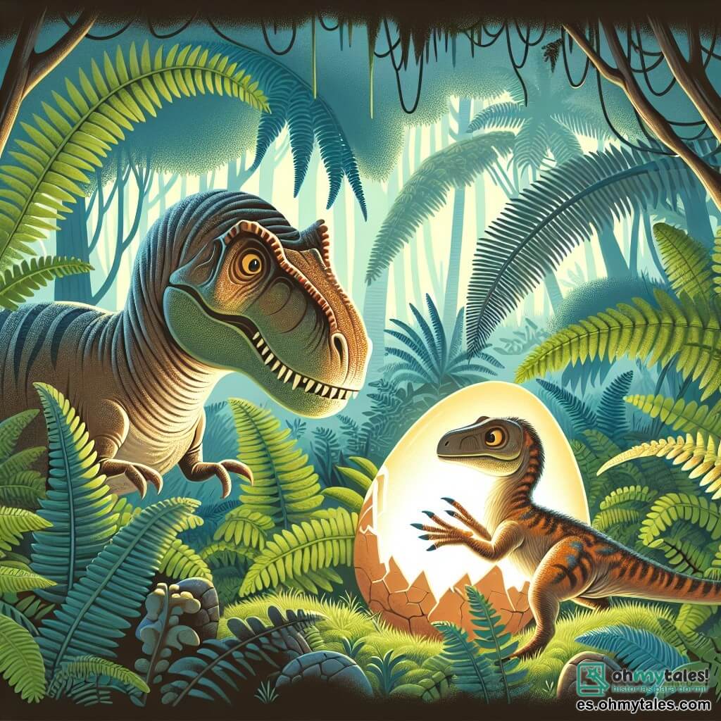 Une illustration destinée aux enfants représentant un jeune tyrannosaure mâle découvrant un œuf mystérieux brillant parmi les fougères, avec un petit velociraptor femelle émergeant gracieusement de sa coquille, dans une jungle préhistorique luxuriante et pleine de vie.