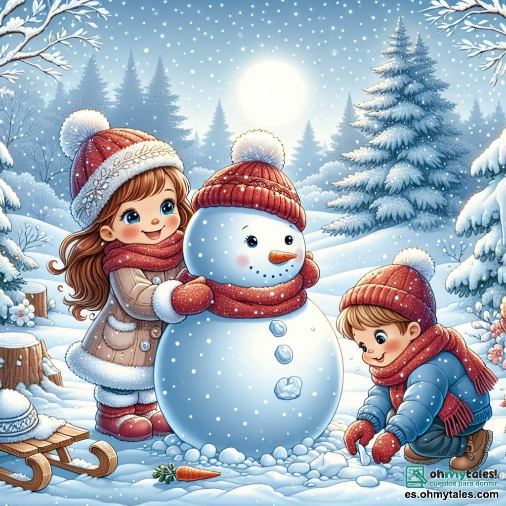 Ilustración que representa un paisaje invernal de ensueño, con un suelo cubierto por una gruesa capa de nieve brillante bajo un cielo azul claro. En el centro, dos niños están construyendo un gran muñeco de nieve. La primera niña es una chica de unos 7 años, con largos cabellos castaños, que lleva un bonito gorro rojo y una bufanda a juego. Ella sonríe alegremente sosteniendo una zanahoria que está a punto de colocar como nariz del muñeco de nieve. El segundo niño es un chico de 8 años, con cabello rubio corto, vestido con una chaqueta azul y guantes a juego. Está agachado, recogiendo piedras para hacer los ojos del muñeco de nieve, con una expresión concentrada y divertida. A su alrededor, copos de nieve caen suavemente, y algunos árboles con ramas cargadas de nieve se alzan al fondo, sumando a la atmósfera invernal. Un pequeño trineo de madera está apoyado a un lado, y las huellas de pasos en la nieve muestran que han estado jugando aquí durante un tiempo.