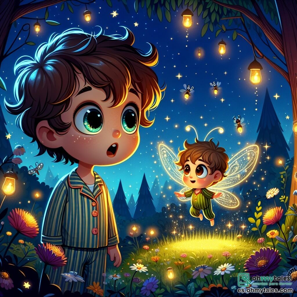Ilustración que representa un jardín nocturno iluminado por la luz de las estrellas y las luciérnagas. El cielo es de un azul profundo, salpicado de estrellas centelleantes que parecen danzar. En el centro, un niño de siete años, con cabello rizado y castaño, observa maravillado a una pequeña criatura luminosa, un ser mágico con alas brillantes y una sonrisa cálida, que flota frente a él. El niño lleva un pijama a rayas y tiene los ojos muy abiertos, llenos de curiosidad y asombro. La criatura, de un color dorado brillante, emite un suave resplandor que ilumina el rostro del niño. Alrededor de ellos, flores coloridas florecen, y suaves sombras se dibujan en el suelo, creando una atmósfera mágica. Las luciérnagas danzan alrededor, añadiendo un toque de magia a la escena. El jardín está rodeado de grandes árboles con siluetas misteriosas, y el suave murmullo del viento hace temblar las hojas. Esta ilustración captura el momento en que el niño descubre la belleza de la noche, transformando su miedo en asombro.