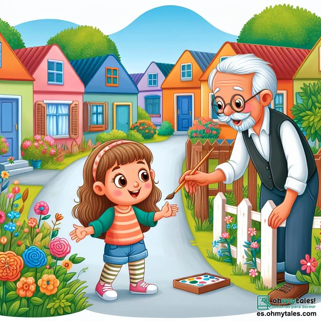 Une illustration destinée aux enfants représentant une jeune fille curieuse et pleine de vie, qui découvre l'incroyable talent artistique d'un voisin âgé, dans un paisible quartier aux maisons colorées et aux jardins fleuris.