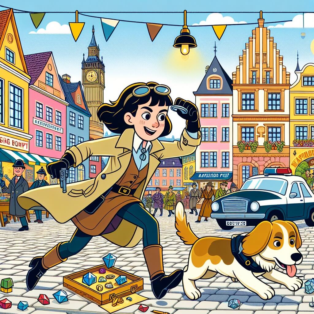 Une illustration destinée aux enfants représentant une femme détective intrépide, accompagnée de son fidèle chien policier, enquêtant sur un mystérieux vol de bijoux dans une ville animée, avec ses rues pavées, ses maisons colorées et son marché animé.
