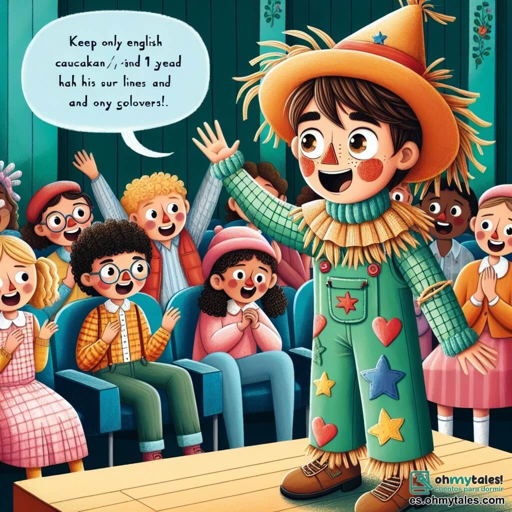 Une illustration sous forme de dessin destinée aux enfants représentant une scène vibrante dans une salle de théâtre colorée, où un garçon de 11 ans, aux cheveux châtains et aux yeux pétillants, se tient sur scène, vêtu d'un costume de scarecrow avec un chapeau en paille, en train de réciter ses lignes avec enthousiasme, tandis qu'un groupe d'enfants de son âge, dont une fille aux cheveux bouclés et un garçon aux lunettes, l'encourage depuis le public avec des sourires et des applaudissements, capturant l'instant où il surmonte sa peur et découvre la confiance en soi.