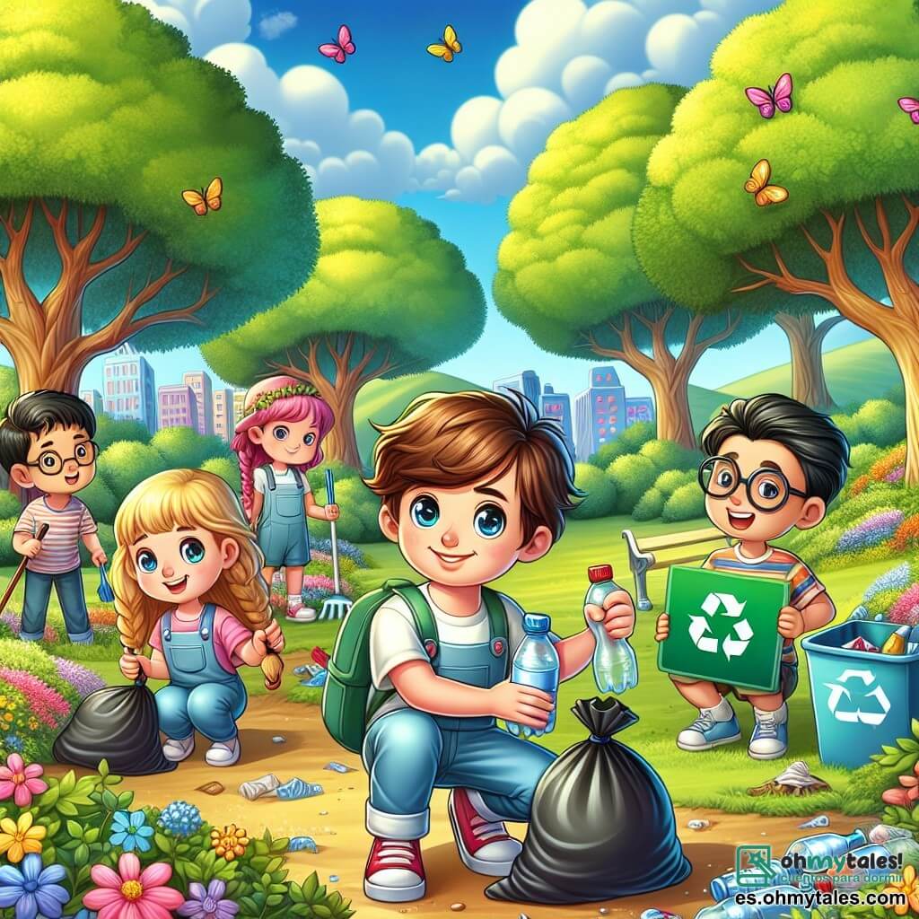 Ilustración que representa un parque verde en verano, con árboles majestuosos de hojas verdes brillantes, flores coloridas esparcidas por el suelo y un cielo azul luminoso salpicado de algunas nubes blancas y esponjosas. En el centro, un niño de 9 años, con el cabello castaño desordenado y ojos brillantes de curiosidad, está agachado, sosteniendo una botella de plástico en una mano, mientras que con la otra muestra orgullosamente un cartel colorido que dice "¡Protejamos nuestro planeta!". A su lado, una niña de 9 años, con el cabello largo y rubio trenzado, sonríe sosteniendo una bolsa de reciclaje llena de basura, mientras que un niño de 9 años, con gafas y cabello negro, se inclina para recoger basura, luciendo concentrado. En el fondo, otros niños se afanan en limpiar el parque, con guantes y bolsas de basura, mientras mariposas coloridas vuelan a su alrededor, añadiendo un toque de magia a esta escena de solidaridad y compromiso con el medio ambiente.
